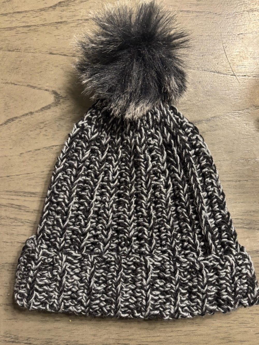 Handmade cozy marled crochet Beanie w/ Faux Fur Pom Pom / Black & Gray |